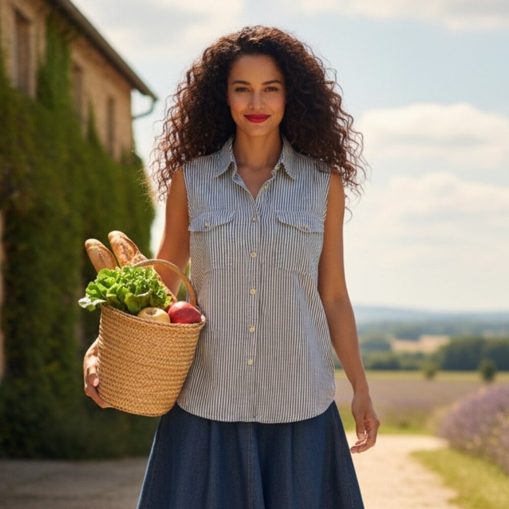 Easy Wear Hickory Stripe Sleeveless Button Up Shirt - Size M